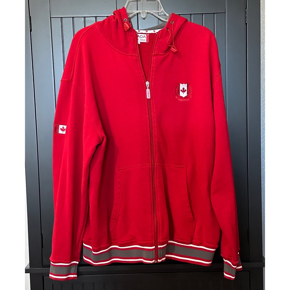 Canada Weather Gear Jacket‎ Large Red Full Zip Hoodie Maple Leaf Crest Fleece
